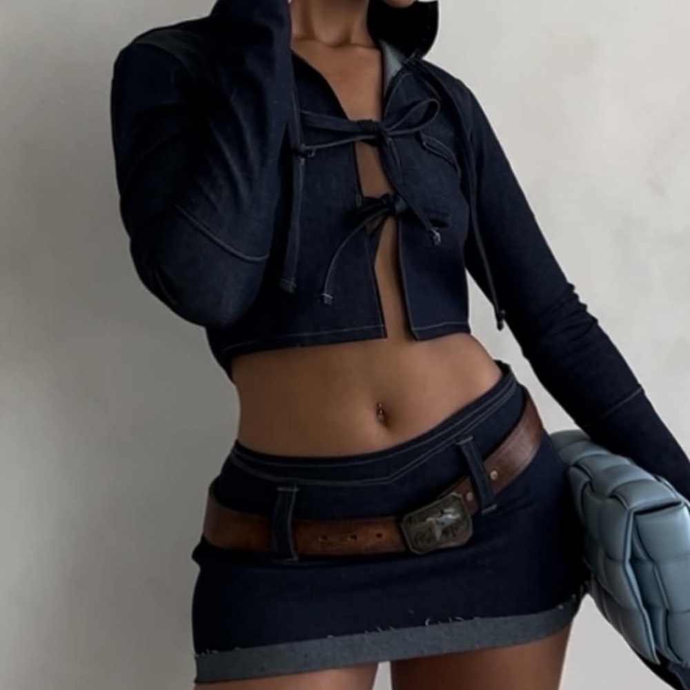 Trendy Black Denim Jacket and Skirt Set